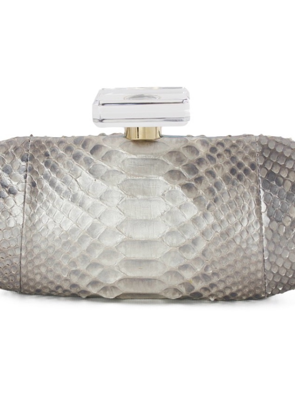 CHANEL Elegant Gray Python Clutch Handbag Lucite Perfume Bottle Clasp